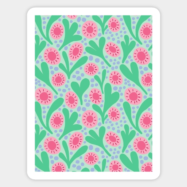 Wild colorful boho floral pattern in mint green and pink Sticker by Natalisa